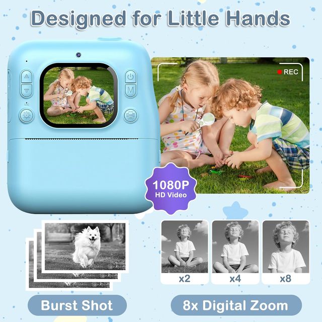Hot Selling Kids Instant Print Camera 1080P HD with 32GB SD Card & 4 Paper Rolls for Christmas & Birthday Gifts Ages 3-12 (Blue)