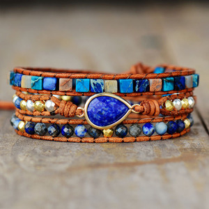 Bracelet en cuir multicouche Lapis Lazuli, forme goutte d'eau, serti de pierres, bijou cadeau - Product Image 1