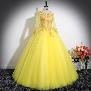 Yellow Stage Performance Dress Long Sleeves Puffy Skirt Women Art Exam Host Outfit 3D Floral Embroidery - Product Image 2