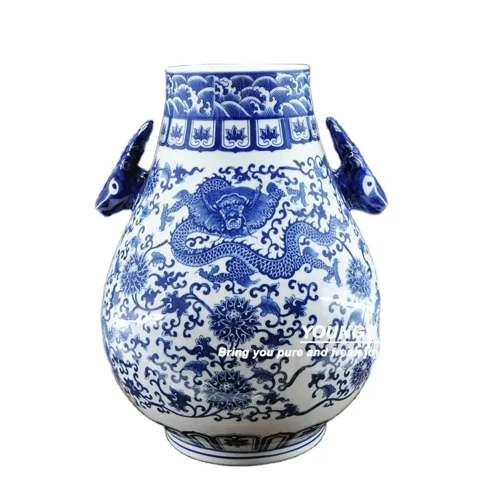 Chinesische blaue weiße dekorative florale Drachen vase mit doppeltem Hirsch griff