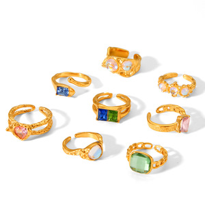 Lujoso anillo abierto de piedras preciosas de piedra lunar Irregular chapado en oro de 18 quilates de acero inoxidable resistente al agua para mujer - Product Image 5
