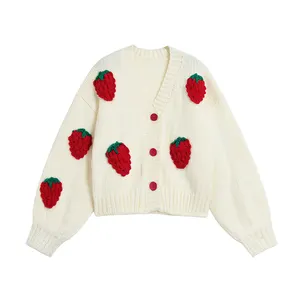 Knitwear Custom Autumn Winter V Neck Long Sleeved Sweater Lovely Strawberry Crochet Knitted Women's Cardigans