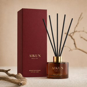 Aikun 30 MOQ Amber Glass Round 100ml Foil Logo Red Box Custom Scent Long Lasting <b>Reed</b> <b>Diffuser</b> Gift Set <b>for</b> Brands Hotel Buyers - Product Image 1