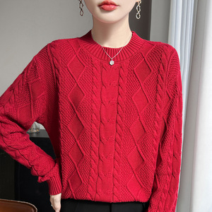 Suéter de Punto Grueso de Algodón para Mujer, Color Sólido, Cuello Redondo, Otoño Invierno 2025, Blanco Roto, Rojo, Negro - Product Image 2