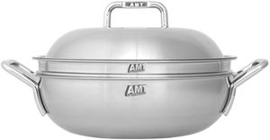 Wok antiadherente de acero inoxidable de 5 capas Dongwon Metal 316TI con tapa, mango de acero inoxidable de 11 pulgadas y base para saltear y cocinar sopas - Product Image 1