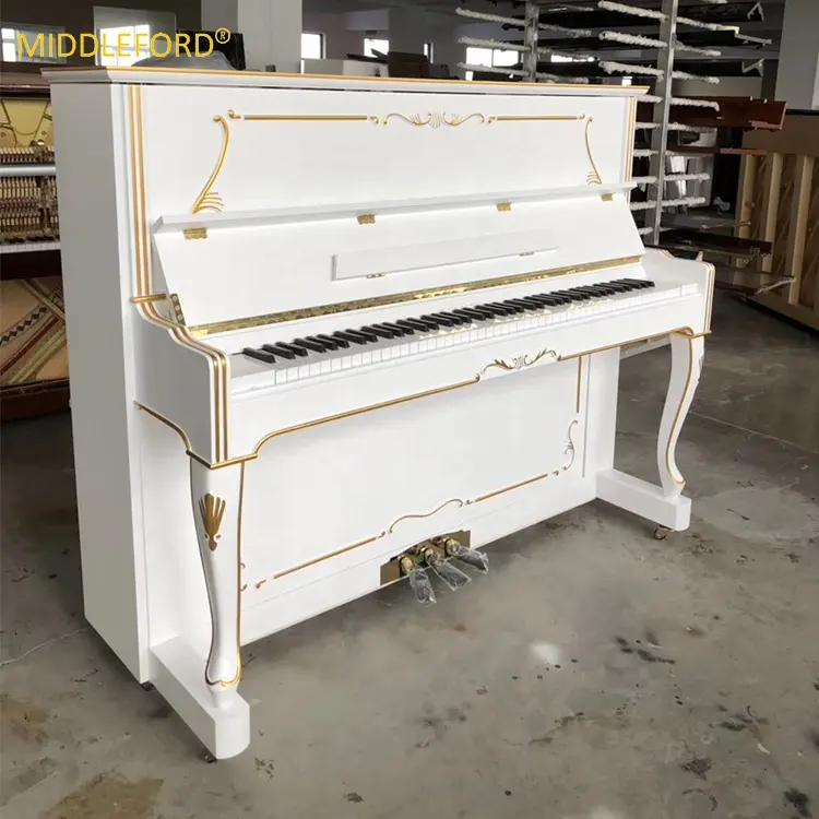 Baroque style curved legs carved white glossy upright piano with gold rim decors