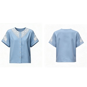 Light Blue Solid Woven Breathable Loose Fit Lace Collar <b>Button</b> Front <b>Women</b> Blouse Short Sleeve Casual <b>Shirt</b> Elegant Daily Wear - Product Image 3