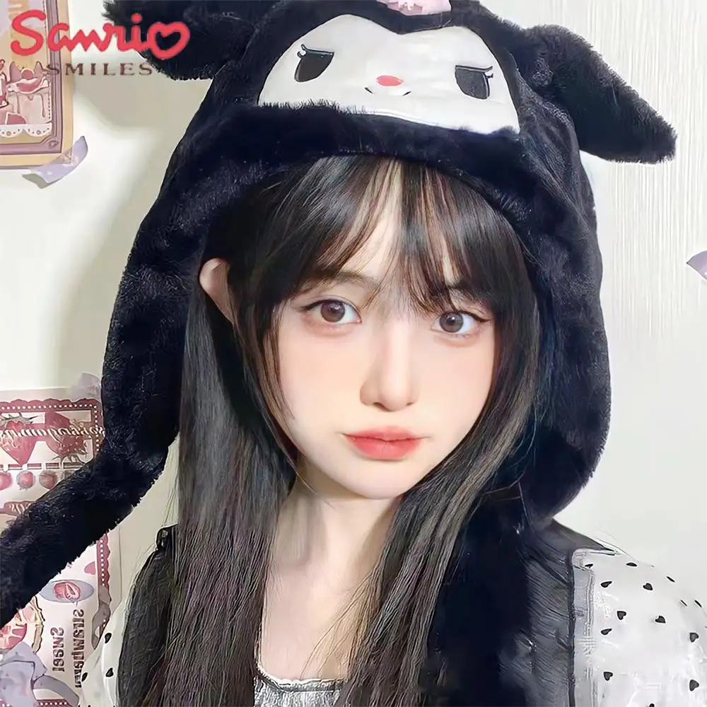 Sanrio Kuromi Oreilles Bouger Chapeau En Peluche Hiver Épaissir Chaud Mignon Doux Kawaii Écharpe Chapeau Gants Ensembles pour Petite Amie Cadeau