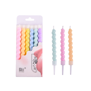 Igh qualité 6 pièces/ensemble Macaron couleur spirale gâteau d'<span class=keywords><strong>anniversaire</strong></span> <span class=keywords><strong>bougies</strong></span> d'allumage avec support pour la décoration de mariage bébé enfants fête - Product Image 2