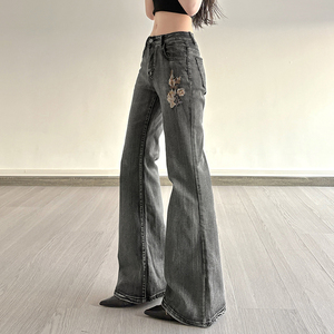 Y2K Breathable Low Rise <b>Flared</b> Denim Jeans with <b>Sequins</b> Embroidery Floral Pattern Vintage Streetwear Style - Product Image 3