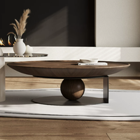 Ensemble de table basse ronde en bois noir courbé de style Japandi avec structure en métal pour salon et maison