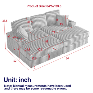 84Inch Corduroy Convertible 3-seater <b>Sofa</b> Set 3 Back Pillows 2 Toss Pillows 2 Ottoman 2 <b>Storage</b> Spaces Cup-Holding Grooves Hotel - Product Image 6