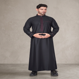 Qamis noir pour homme à manches longues, coupe longue, col montant, tenue de prière islamique modeste, en polyester, motif uni, coupe classique, pour Ramadan et Aïd - Product Image 3