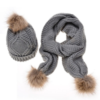Ensemble de 2 pièces en tricot de cachemire et laine mélangée avec pompon en fourrure, bonnets et écharpes d'hiver pour femmes et filles, ensembles écharpe, bonnet et gants