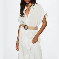 Robe chemise d'été en lin à manches courtes et boutons blancs avec ceinture amovible