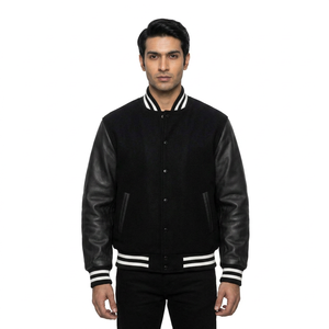 Veste de baseball unisexe d'hiver à capuche, coupe ajustée, patchwork, broderie de lettres, logo sur le devant, laine/polyester - Product Image 1