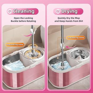 Pink Floor Clean <strong>Mop</strong> Set <strong>Magic</strong> <strong>360</strong> and <strong>Bucket</strong> Set for Home Stainless Steel