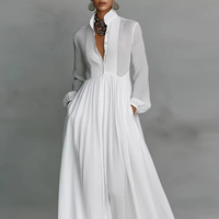 Robe chemise longue plissée en mousseline de soie à col montant, taille haute, boutonnée, avec poches, couleur unie, coupe trapèze