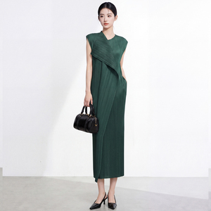 Vestido Midi Elegante PY 2026, Estilo Halter, Asimétrico, Plisado, Sin Mangas, Verde, Tejido, Formal, para Oficina, Estilo Minimalista - Product Image 1