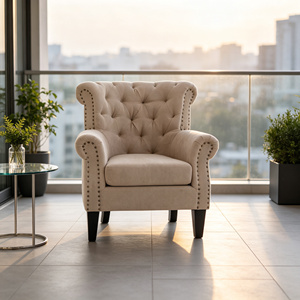 Poltrona Accent Wingback Quadrata Trapuntata <span class=keywords><strong>Beige</strong></span>, Design Chesterfield Moderno, Morbida Poltrona Relax in Lino con Finitura a Borchie e Gambe in Legno per Soggiorno - Product Image 1