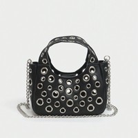 Tas Selempang Wanita Gaya Punk Rock Industrial dengan Lubang-Lubang, Grommet, Eyelet, Pegangan Bulat, Rantai, dan Tali untuk Jalan-Jalan