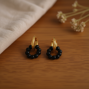 Angelina Double Loop <b>Hoop</b> <b>Earrings</b> <b>Gold</b> <b>Plated</b> Stainless Steel Black Beads Unisex Trendy Jewelry - Product Image 2