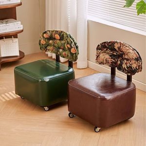 Retro Roller Stool With Casters Swivel <b>Backrest</b> Living Room Wheeled Stool Home Use Shoe Changing Seat - Product Image 2