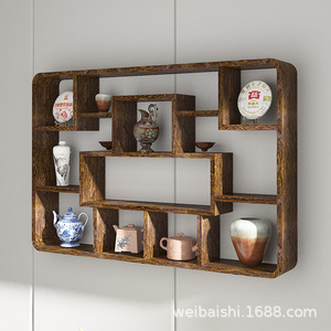 Solid Wood Chinese Style <b>Wall</b> Mounted Display <b>Shelf</b> Geometric Irregular Shape For Living Room Tea Room <b>Storage</b> Cabinet - Product Image 2