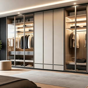 Armoire coulissante sur mesure haut de gamme en bois massif noyer et MDF avec portes vitrées, <span class=keywords><strong>dressing</strong></span> avec système d'éclairage LED - Product Image 1