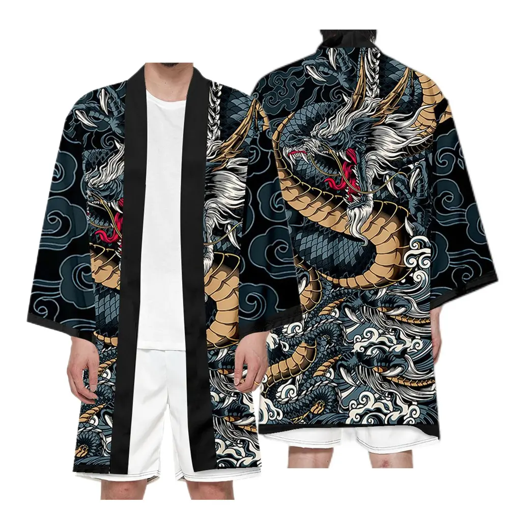 Jubah panjang Cosplay Kimono Haori cetak Digital 3d karper laut Ukiyo Jepang