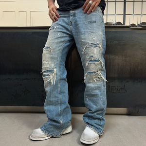 Fashion Streetwear 100% Cotton High Quality <b>Men</b> Blue Sun Faded Stacked <b>Jeans</b> Design Custom Distressed Vintage Denim <b>Jeans</b> - Product Image 1