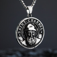 Pendentif Médaillon Géométrique en Acier Inoxydable Saint Charbel, Perles Carrées Biseautées, Collier Religieux Unisexe, Pendentifs Thématiques pour Hommes