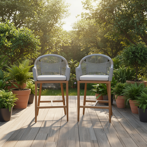 Ensemble de tabourets de bar modernes Boho, 2 accoudoirs d'extérieur à hauteur de comptoir, dossier en aluminium rembourré, dos arrondi, corde en textilène pour le jardin - Product Image 2