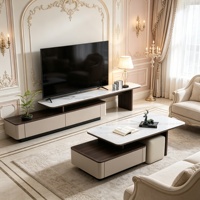 Ensemble moderne de meuble TV et table basse en bois avec tabourets et tiroirs de rangement, placage bois, mobilier de salon, vente en gros