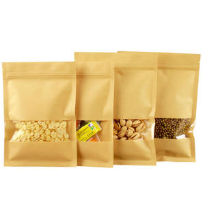 Petits sacs de rangement plats en papier kraft brun à trois soudures latérales, refermables à chaud avec fermeture éclair et fenêtre transparente, pour snacks, bonbons, aliments et thé - Product Image 6