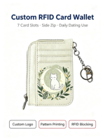 Dompet Kartu Mini Fashion Mutiara Berlapis PVC dengan Cetak Pola, Penutup Kancing PU RFID, Resleting, dan Gantungan Kunci untuk Wanita, Tersedia OEM