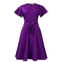 Robe d'été pour femme, longueur midi, couleur unie, à lacets, manches courtes, grande taille, taille naturelle, couleur unie