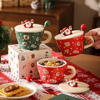 Tasse à café de Noël en céramique avec couvercle figurine Père Noël, peinte à la main, mignonne, originale, adorable, pour les fêtes, la maison et le bureau
