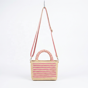 Woven <b>Raffia</b> Summer <b>Shoulder</b> <b>Bag</b> with Zip Closure Rope Handles Color Block Casual Tote for Daily Use - Product Image 1