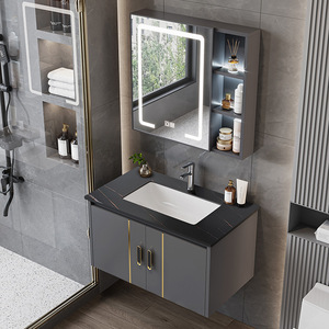 Grand meuble de toilette moderne à 3 portes en bois massif et MDF blanc médicinal Lavabo mural en acier inoxydable écologique Meuble sous-vasque de salle de bain - Product Image 4