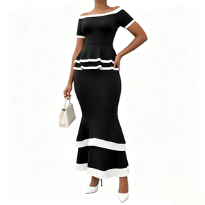 <span class=keywords><strong>Ensemble</strong></span> 2 pièces de soirée pour <span class=keywords><strong>femme</strong></span> : Haut peplum épaules dénudées et jupe sirène, color block, manches courtes, ourlet à volants étagés - Product Image 2