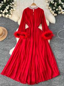 <span class=keywords><strong>M</strong></span>-3XL镂空钻石镶钻连衣裙宽松系带连衣裙，带毛茸茸袖子腰褶雪纺休闲连衣裙 - Product Image 1