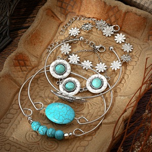 European and American New Combination <b>Bracelet</b> Vintage Ethnic Turquoise Feather <b>Flower</b> 5-Piece Set <b>Bracelet</b> <b>Bracelet</b> Wholesale - Product Image 3