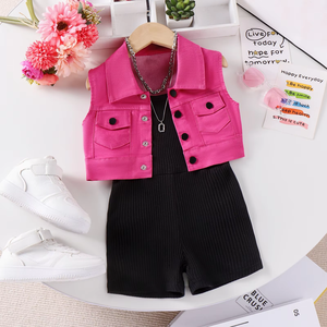 Nuova <span class=keywords><strong>Tuta</strong></span> Estiva per Bambine in Stile Europeo e Americano, Monocolore con Gilet Senza Maniche e Cintura Traspirante - Product Image 1