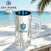 Chope à bière en verre argenté électroplaqué avec poignée, revêtement par pulvérisation, logo laser personnalisé, couleur noire intérieure, vente en gros pour les fêtes et la consommation