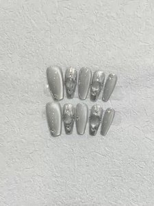 100% hecho a mano plata reutilizable a presión uñas almendra ataúd Nail Art dibujado a mano ojo de gato Gel Metal flores ABS falso Artificial - Product Image 5