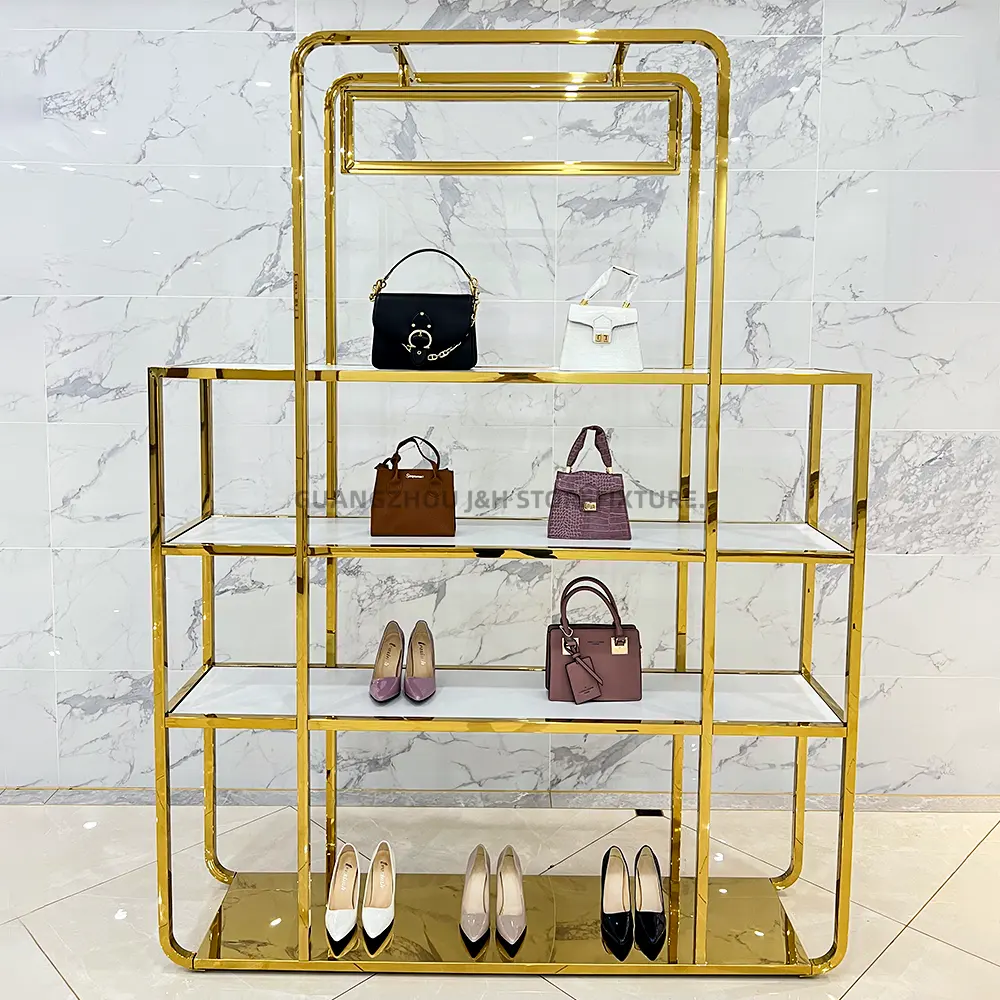 Özel LOGO moda ticaret gösterisi ayakkabı teşhir standı standları çanta tutucu ekran paslanmaz raf lüks çanta için ekran