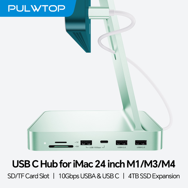 PULWTOP USB Hub Adapter for iMac M1/M3/M4 with USB C 10Gbps 3*USB-A SD/TF, Support Expand M.2 SSD 4TB (Not Included), Green