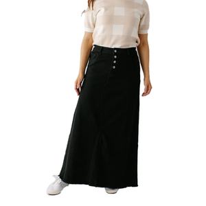 High-Waist <b>Button</b>-Down Flared Hem Long Skirt Customizable Women's Casual <b>Black</b> Denim Maxi Skirt - Product Image 1