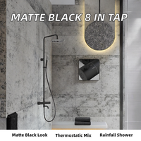 Ensemble de robinetterie de douche thermostatique carré noir mat avec pommeau de pluie, douchette à main en laiton, bec de baignoire réglable et barre coulissante
